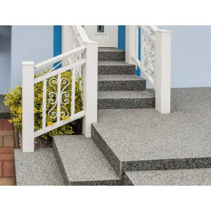 Steinteppich Epoxidharz Set Innen & Außen (ca. 56kg / 4-5m²) | Bianco Grigio Nero | 50kg 2-4mm Marmorkies + 6L, 2K Epoxidharz Bindemittel | Für Balkon, Terrasse, Treppen, Garage