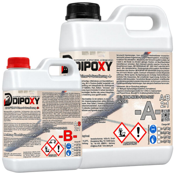 DIPOXY Primer S imprimación epoxi 2K 9kg + 450g pigmento negro - puente de adherencia 2:1 para hormigón, solera, suelo, garaje, balcón y tejado