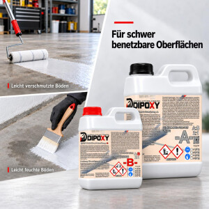 DIPOXY Primer S imprimación epoxi 2K 9kg + 450g pigmento negro - puente de adherencia 2:1 para hormigón, solera, suelo, garaje, balcón y tejado